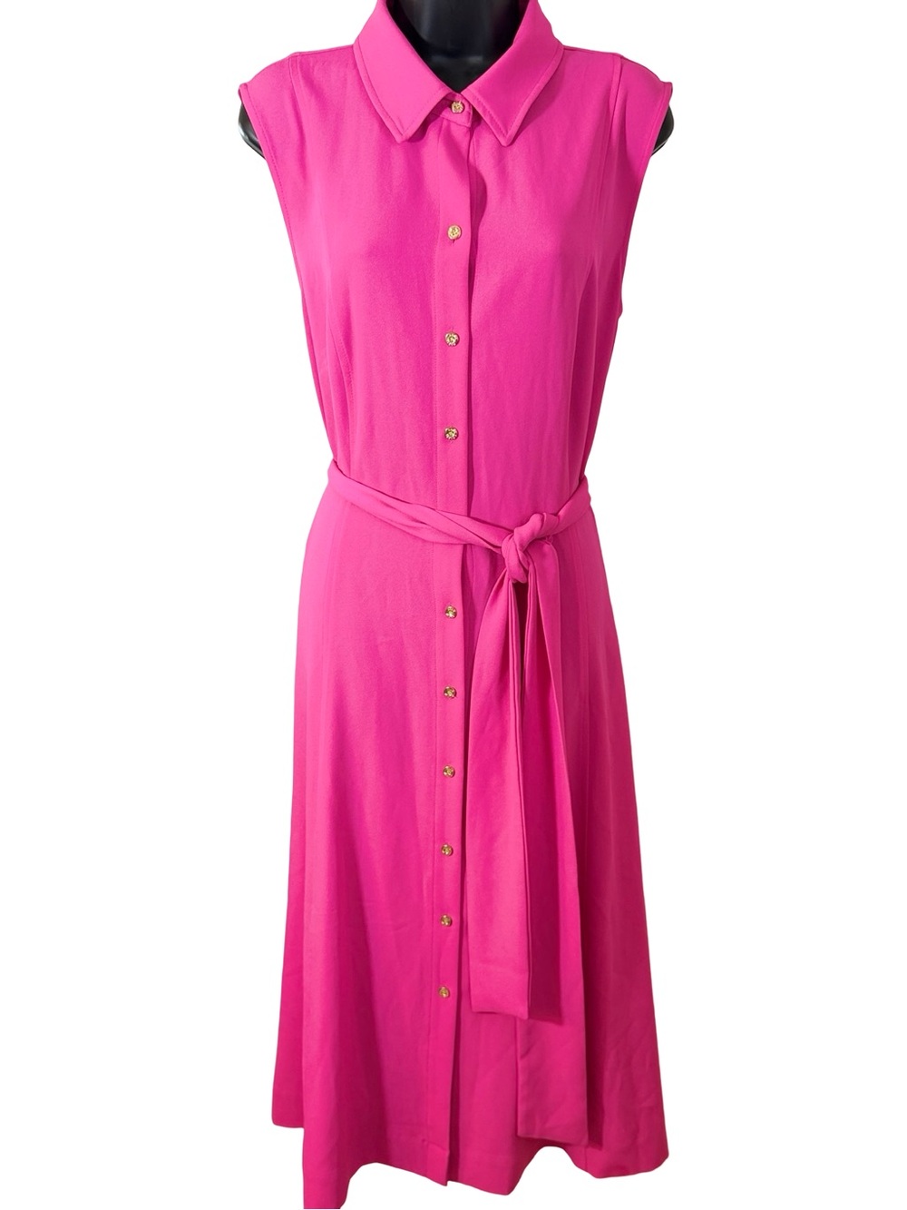 Sleeveless Anne Klein Button-Front Shirtdress with Self Tie - Fuchsia Pink